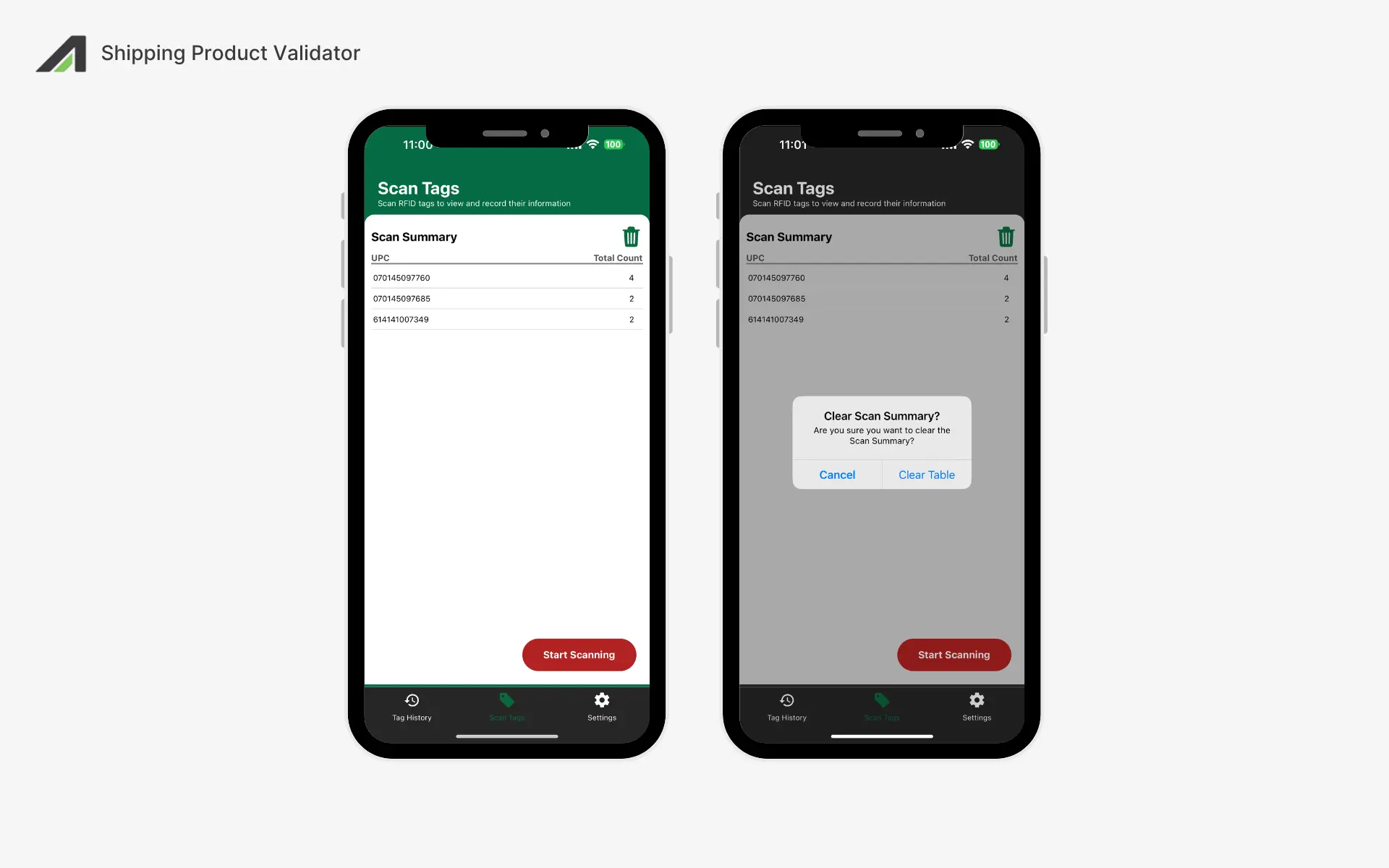 two mobile phones (one dark mode, other light mode) displays a list of scanned tags